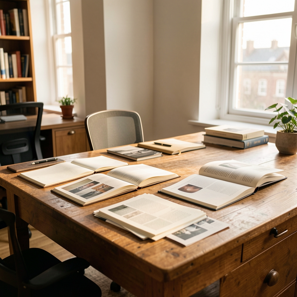 Editorial office interior with warm natural light, open notebooks and reference materials on a large wooden desk, calm working environment