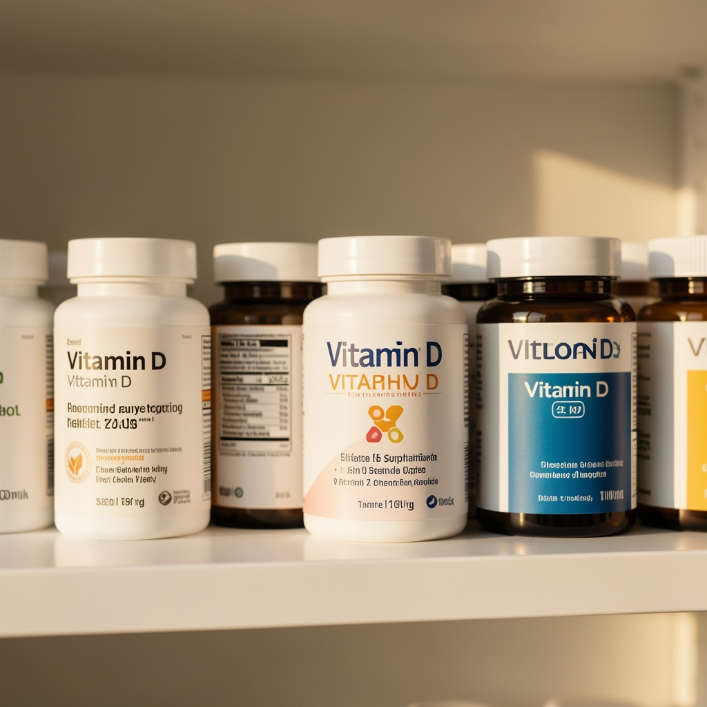 Close-up of vitamin D supplement containers on a white shelf, minimal editorial composition with warm natural sidelight
