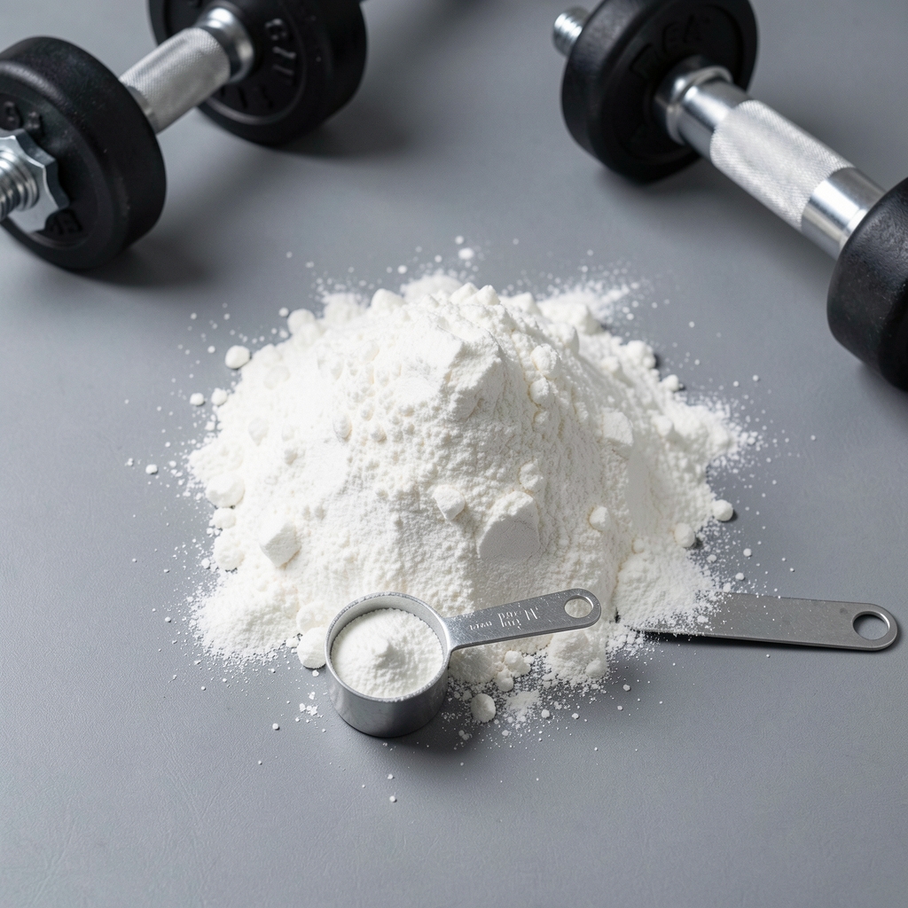 Creatine powder and measuring scoop on a neutral grey surface, editorial overhead composition with weights in background